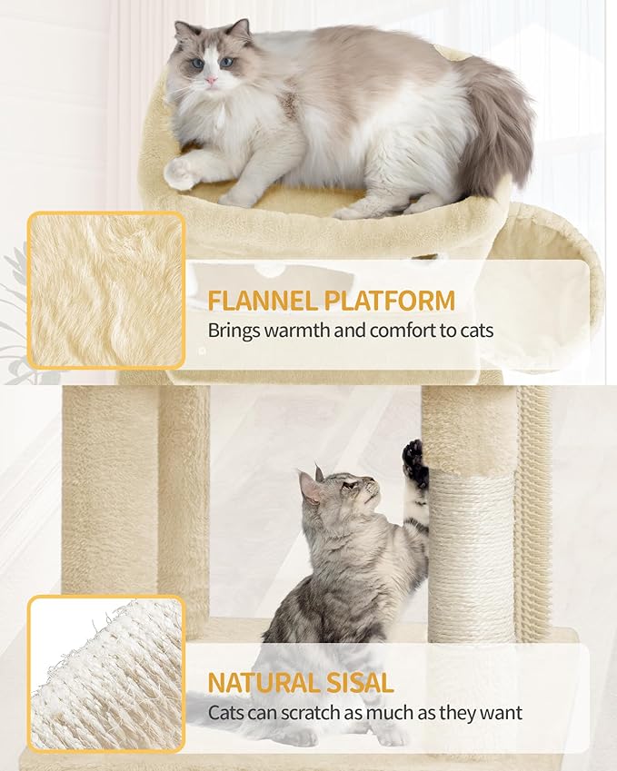 70.1 Inch Cat Tree for Indoor Cats, Multi-Layer Scratching Post with Large Platform, 2 Caves, 7 Sisal Posts, Pompoms, Cat Basket, Hammock, Suitable for Cats, Beige MS17818YL