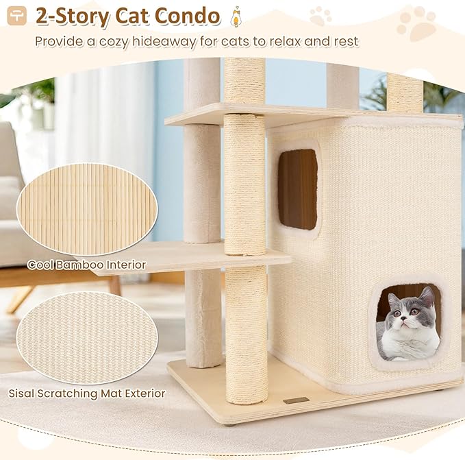 PETSITE 63 Inches Wooden Cat Tree, Multi-Level Modern Cat Tree with Sisal Scratching Posts, Two-Story Condo Covered with Sisal Exterior, Dangling Ball, Large Top Perch, and Playful Hole