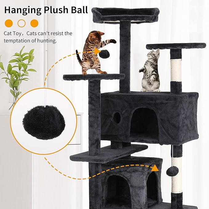 BLKMTY Cat Tree 54" Tall Cats Tower Large Cat Condo Climber Cats Climbing Stand with Top Perches Playhouse and Climbing Ladder Kitty Activity Tree w/Scratching Post Toys, Dark Gray