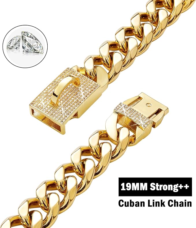 New Gold Dog Chain Collar with Bling Zircon Buckle,19MM Strong Stainless Steel Cuban Link Chain Collar,Dog Necklace Collar for Small Medium,Large Dogs
