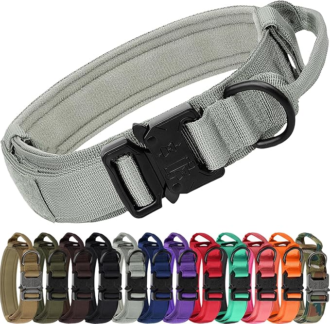 Joytale Tactical Dog Collar with Handle and Metal Buckle, Heavy Duty Padded Military Collar with 2 Patches for Training, Adjustable for XLarge Dogs, Gray, XL