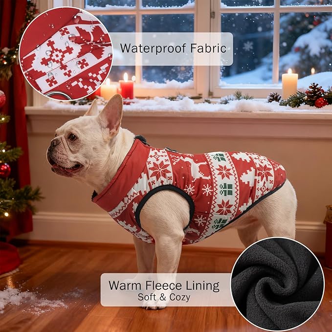SCENEREAL Christmas Winter Dog Vest Coat with Harness Built in, Warm Puppy Jacket for Small Medium Dogs, Cold Weather Coat with Zipper, Fleece Puffer Vest Windproof Snow Clothes, M