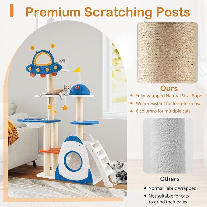 PETSITE 64.5 Inch Space-Themed Cat Tree, Multi-Level Cat Tower with Sisal Scratching Posts, UFO-Shaped Top Perch, Climbing Ladder, Hanging Star-Shaped Jingling Toys, Cute Cat Tree for Indoor Cats