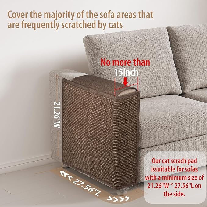 Couch Cat Scratch Protector-Universal Couch Protector from Cat Claws for Both Sofa Arm Sides,Color-Matched Sisal Pad, Couch Corner Cat Scratcher(Brown)