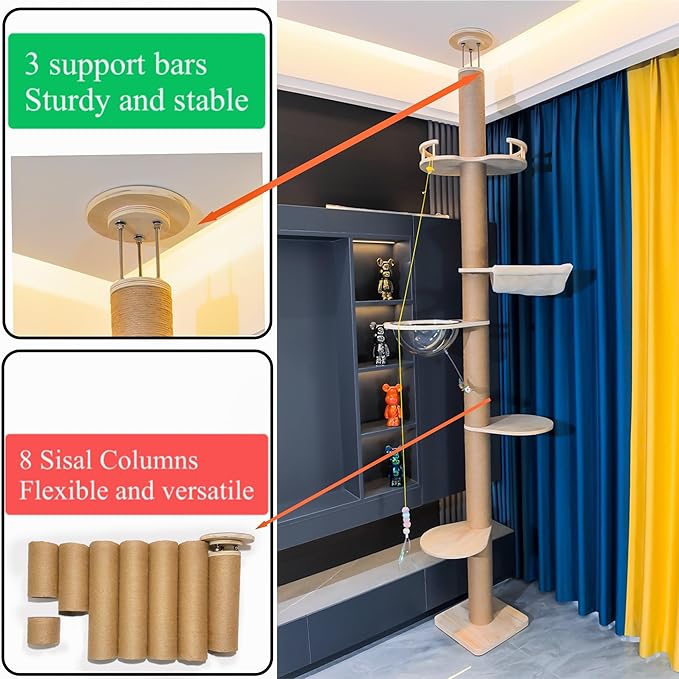 Floor to Ceiling Cat Tree Height (50-120in) Adjustable Cat Tower 5 Tier Hemp Scratching Post High Cat Tree Sturdy Activity Tree Indoor Outdoor Cat Scratching Post Activity Center