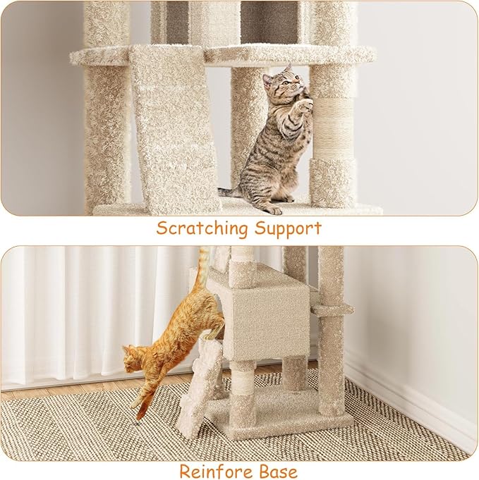 63 Inches Multi-Level Cat Tree Tower with Condo, Plush Perches, Scratching Posts, Hammocks, and Play House, Beige