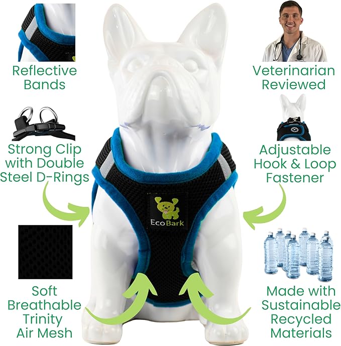 EcoBark Step in Dog Harness - Eco-Friendly Dog Harnesses for Small and Medium Breed Dogs - Reflective and Adjustable Body Halter Vest - Soft Mesh Toy Breed Harness (Black and Teal, Large)