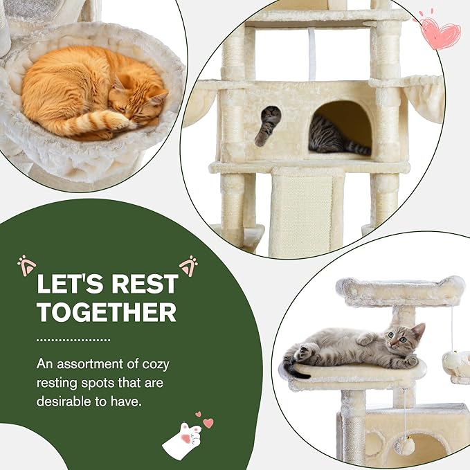 IMUsee 68 Inches Multi-Level Large Cat Tree for Large Kitties/Big Cat Tower with Condo/Cozy Plush Perches/Sisal Scratching Posts and Hammocks/ ‌Feline Activity Center Play House/Beige