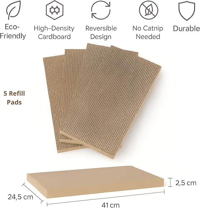 Cat Scratcher Box – Natural Kraft | Recyclable Cardboard Scratch Pads for Indoor Cats | Flat, Reversible Scratch Boards with Debris-Collecting Base