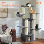 67" Heavy Duty Cat Tree for Indoor Cats Large Adult, XXL Cat Tower with 8 Thick Scratching Posts (φ4.3), Large Perch, Spacious Condo & Big Hammock - for Maine Coon up to 20 lbs, Grey