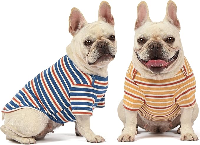 Dog Shirts Cotton Striped T-Shirt, Summer Pet Clothes for Small Dogs, 2-Pack Soft Puppy Apparel Cat Tee, Breathable Stretchy, Blue Yellow S