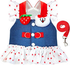 Small Dog Harness and Leash Set Denim Cat Harness Dress for Puppy Clothes for Girls Pink Dog Birthday Dress French Bulldog Harness with Strawberry Bear Decoration