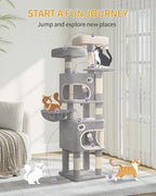 62.6" Cat Tree for Indoor Cats, Cat Tower, Multi-Level Cats Condo with 8 Scratching Posts, 3 Platforms, 2 Caves, Basket, Plush Balls, Sisal Rope, Anti-Tip Kit, Light Grey MS15918LG