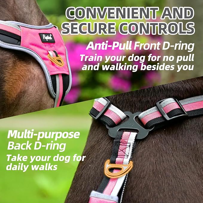 PUPTECK Escape Proof Dog Harness with Padded Handle, No Pull Pet Vest Harness Durable Reflective for Medium Large Dogs Walking Training and Running, Pink, XL
