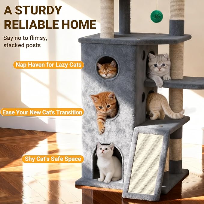 【Tank-Sturdy Tower】 PetDance Heavy Duty Cat Tree for Cats Fits Kittens to XL Maine Coons, Cat Tower with Scratching Posts, Cat Climber with 3 Spacious Hideaway, Light Gray
