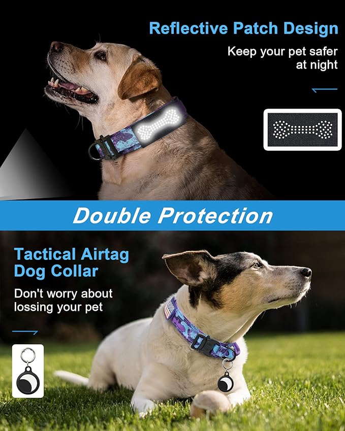 Hotsky Tactical Dog Collar, Adjustable Military Training Nylon Airtag Collar with Handle and Heavy Duty Metal Buckle for Medium Large Dogs, with Airtag Holder and Two Patches（Purple Camo,M）
