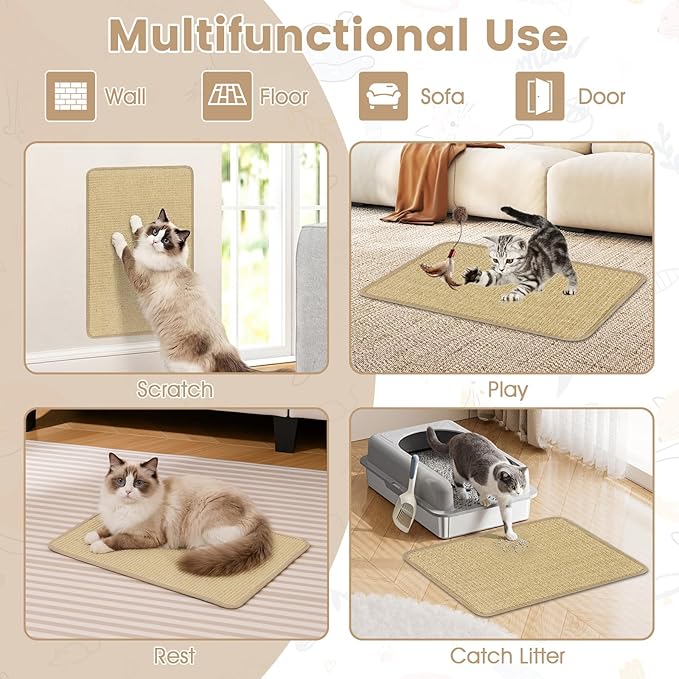 PETSITE Cat Scratcher Mat, Natural Sisal Scratching Mats, Horizontal Cat Floor Scratching Pad Rug with Adhesive Hook Loop Tapes (12, 23.62 x 15.75 in)