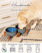 Getstar Ceramic Dog Bowls Set with Acacia Wood Stand, 3.5 Cups Pet Bowls Set of 2 for Medium Dogs, Cute Dog Food Bowl, Cat Bowls