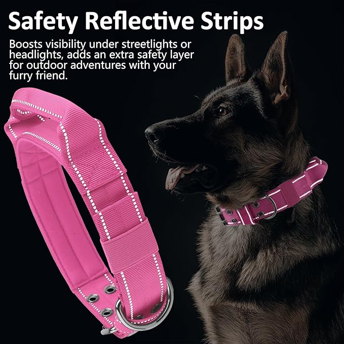 Tactical Dog Collar with Control Handle, Military Adjustable Pet Collar Reflective Heavy Metal Buckle Dog Collar, Soft Nylon Training Collar for Medium Large Dogs (Rose Red, Medium)
