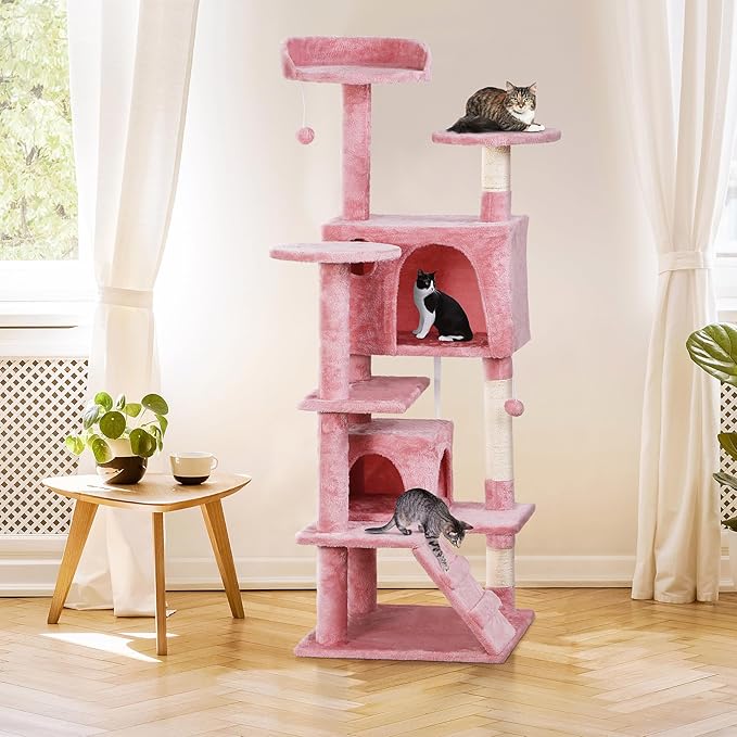 ZENY 54 Inch Cat Tree, Multi-Level Cat Condo with Scratching Post + 2 Play Houses, Pet Furniture in Pink