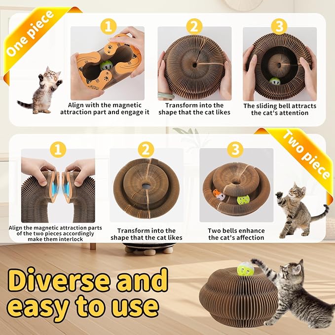 Magic Organ Cat Scratcher Cardboard Toy with Bell Ball,Interactive Honeycomb Kitten Curlz Reversible Scratching Board for Indoor Cats:Exercise,Anxiety Relief&Furniture Protector,Shape-Changeable