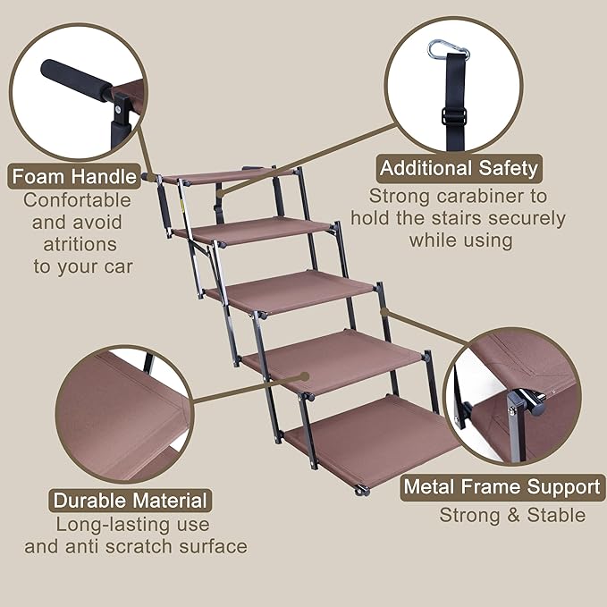 Dog Stairs for Car, 5 Steps Extra Wide Dog Ramps for Large Dogs, Foldable Lightweight Pet Steps for High SUV Truck Bed Couch, Heavy Duty Anti-Scratch Climbing Ladder, 110lbs Capacity
