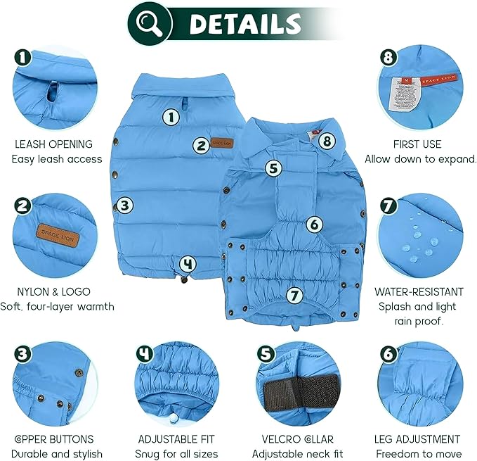 SPACE LION Dog Puffer Jacket, Down Winter Coat, Durable Outdoor Coat for Cold and Windy Conditions, Lightweight & Adjustable Fit Coats for Small Dogs, (Alaskan Blue, Size 8 Gift Box)