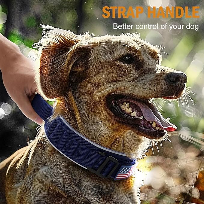 HYDEME Tactical Dog Collar, Alpine Loop Adjustable Military Training Nylon Dog Collars with Handle and Reflective for Small Medium Large Dogs, with Airtags Protective Case & Patches.(M,Deepblue)