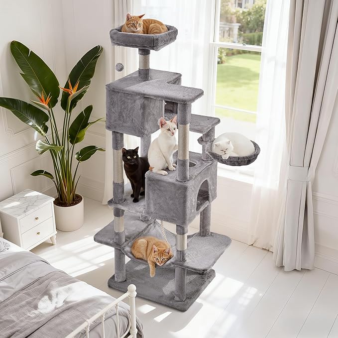 Cat Tree for Indoor Cats, 66 Inches Cat Tower with Scratching Post, Multi-Level Climbing Tree Cat House Padded Plush Perch, Cat Condo Activity Center with Pompoms, Kittens Pet Play House, Light Gray