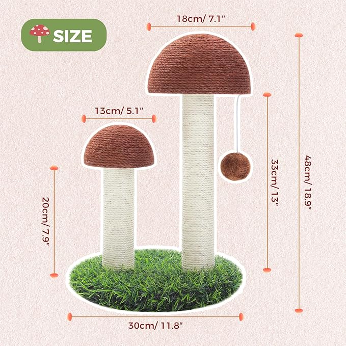 PETEPELA Flower Cat Tree for Indoor Cats, 31.5'' Small Cat Tower Cat Condo with Sisal Scratching Ramp+ Cat Scratching Post, Mushroom Tall Cat Scratcher Featuring with Natural Sisal Scratching Poles