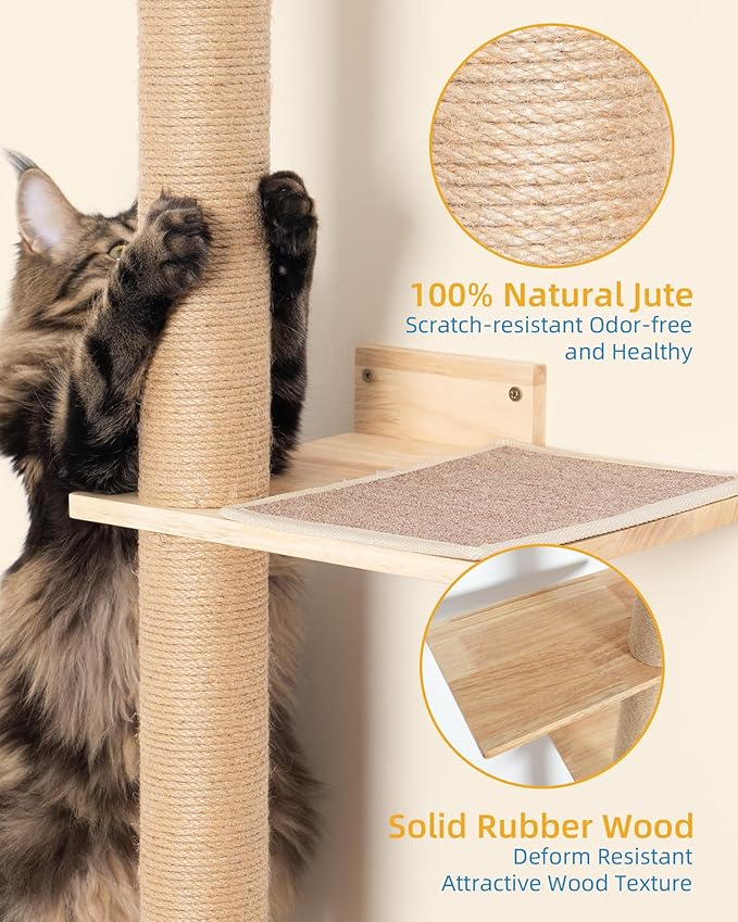 80inch Wall Mounted Cat Tree, 15.8in Top Perch Bed for Large Adult Cats, Adjustable Cat Shelves Floor to Ceiling for Scratch, Climb, and Lookout