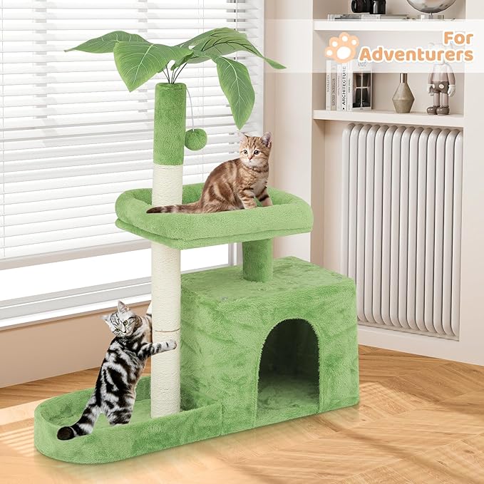Cat Tree with Green Leaves Cat Tower with Scratching Posts, Cat House Condo Perch and Fluffy Ball Cat Trees for Indoor Cats 32 Inches, Lawn Green