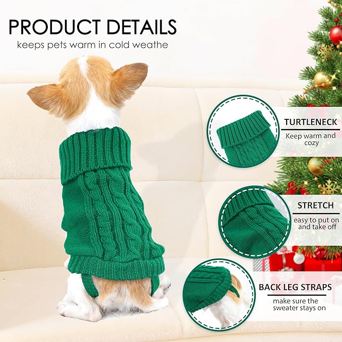 2 Pack Small Dog Sweaters, Dog Christmas Sweater Turtleneck Knit Winter Warm Pullover Clothing Pet Cat Cold Weather Clothes for Small Dogs, Green and Purple, Medium