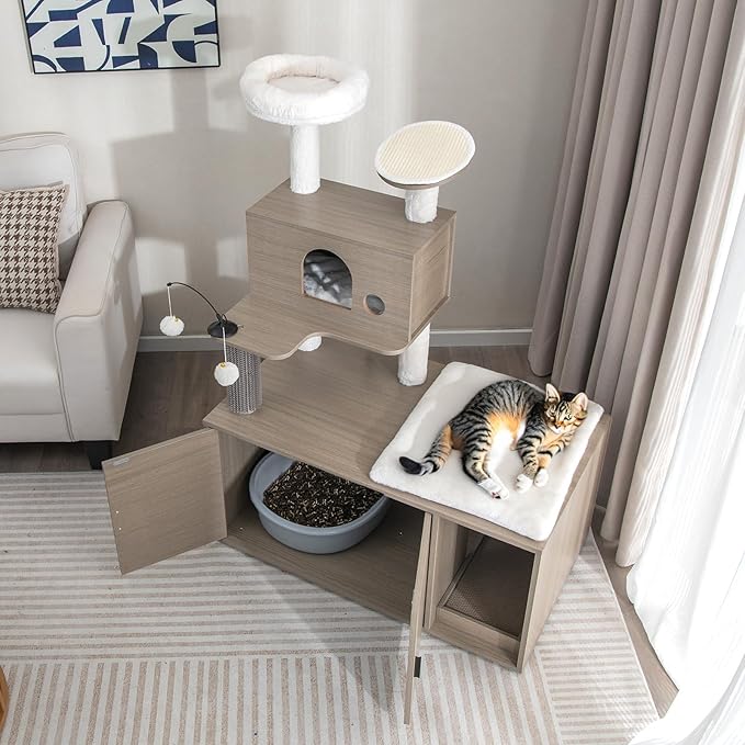 PETSITE Cat Tree with Litter Box Enclosure, 2-in-1 Modern Cat Tower with Condos, Top Perch, Sisal Posts, Scratching Board, Platform, Dangling Balls, Hidden Litter Box with Cat Tree (52 Inches Tall)