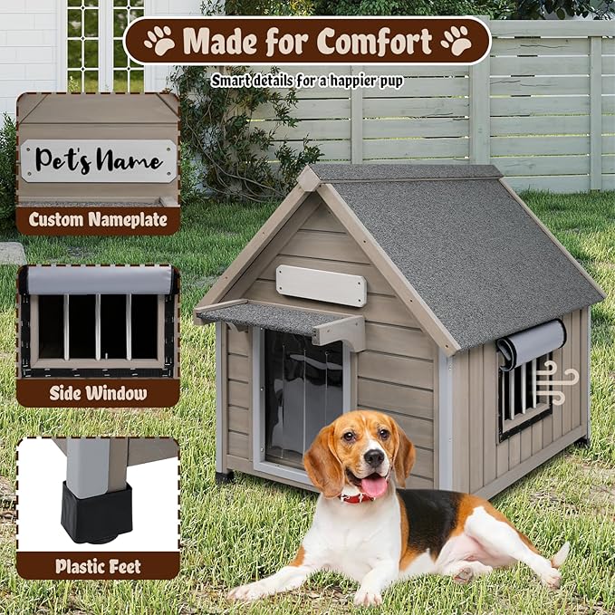 Dog House Outdoor Weatherproof,Wooden DogHouses for Medium Small Dogs, Indoor & Outdoor with Anti-Chewing Iron Frame, Ventilated Window, Easy Assemble, 26" L x 32" W x32 H