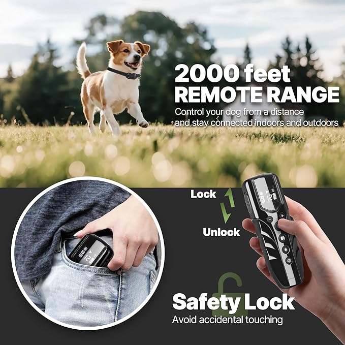 Lightweight No Shock Dog Training Collar, 2000ft Remote Control, Ultra-Small Vibrating Collar for Small (5-15lbs), Medium & Large Dogs, Safe Lock, Beep/Vibrate Modes, Prong-Free, Waterproof,Black
