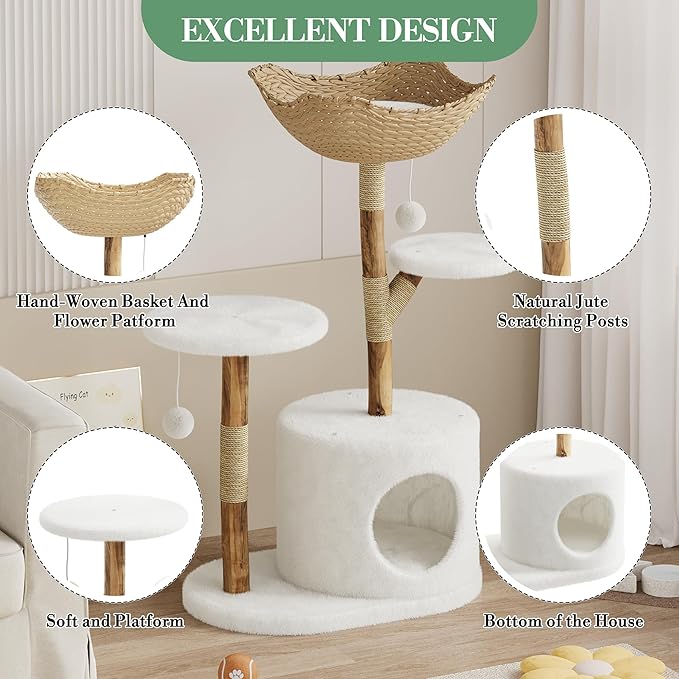 43" Modern Aesthetic Cat Tower Natural Wood Cat Tree for Cats with Rattan Basket Perch, Scratching Posts and Real Branch, White Luxury Cats Tree