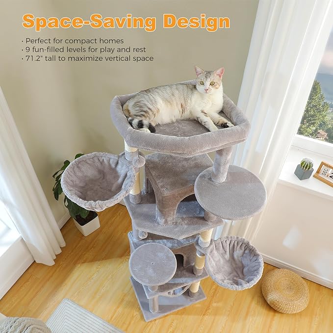 71.2" Tall Cat Tree for Indoor Cats Adult, 9-Levels Large Cat Tower with 5 Sisal Posts, 3 Hammocks, 2 Codons, Big Perch & 3 Pom Poms for Multi Cats Household– Plush Gray