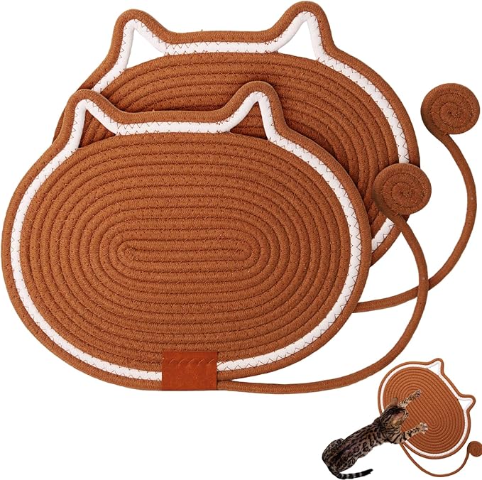 2 PC Cat Scratcher Mat - Natural Cotton Rope Oval Horizontal Scratch Pad (11''x13.7'') with Dangling Ball Toy, Cat Ear Design, Furniture Protector for Floor/Wall, Durable Handmade (Brown, 2 PC)