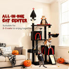 PawHut Gothic Cat Tree, 78" Extra Tall Cat Tower for Indoor Kittens with 2 Spacious Condos, Sisal Scratching Posts, 4 Bat Hanging Balls, Comfy Hammock, Ramp, Bed, Black and Red Halloween