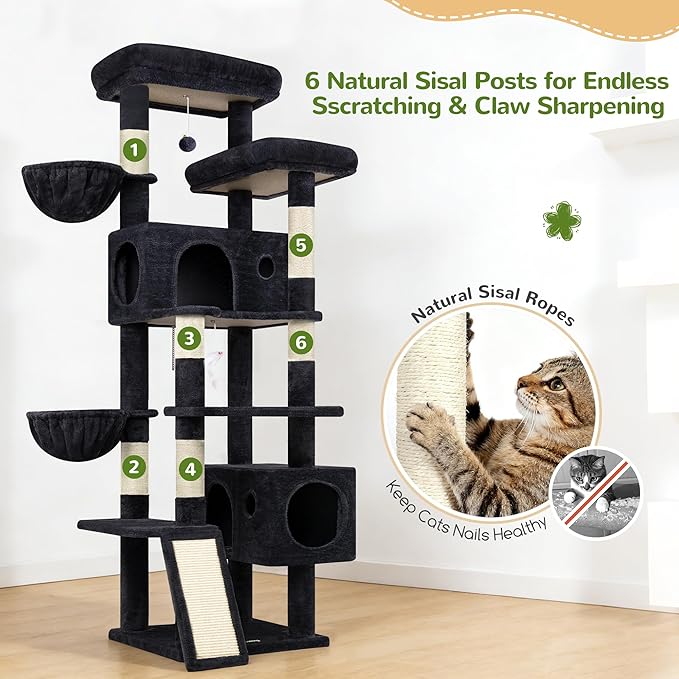 Globlazer 77" Cat Tree for Large Cats, Tall Cat Tower with Scratching Board & Thickened Stable Base, Skin-Friendly Multi-Level Activity Center for Multi-Cat Household, Maine Coon, S77C,Dark Grey