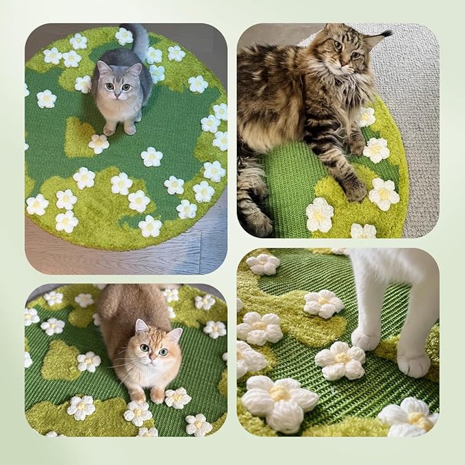31 x 31 Inch 3D Garden Cat Scratcher Mat, Flower Sisal Cat Scratch Pad, Floor Cat Scratching Pads Rug for Indoor Cats, Protector for Wall&Carpets&Sofas, Green Moss Cat Claw Pad (White Flowers)