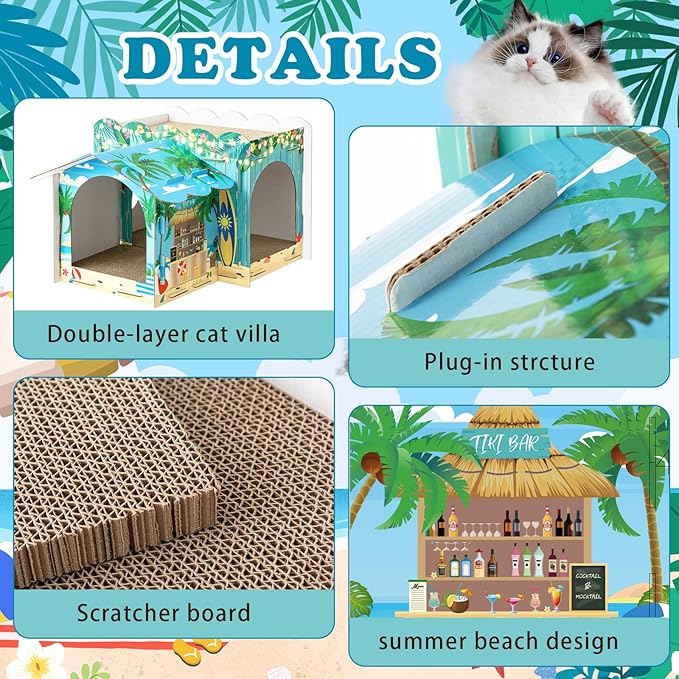 2 Story Cardboard Cat House with Scratcher Pad for Small Kitten,17x12x10 Multi Level Durable Cat Condo & Villa for Bunny Rabbit Small Animals Christmas Birthday Gift(17x12x10,Hawaii)