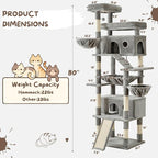 80 Inch Cat Tree, Large Cat Tower with 9 Scratching Posts, 2 Perches, 2 Caves, 2 Basket, 2 Stairs, Extra Large Hammock, Multi-Level Plush Cat Condo for Indoor Cats/Light Grey