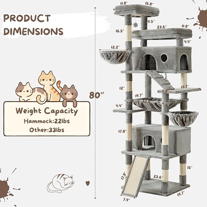 80 Inch Cat Tree, Large Cat Tower with 9 Scratching Posts, 2 Perches, 2 Caves, 2 Basket, 2 Stairs, Extra Large Hammock, Multi-Level Plush Cat Condo for Indoor Cats/Light Grey