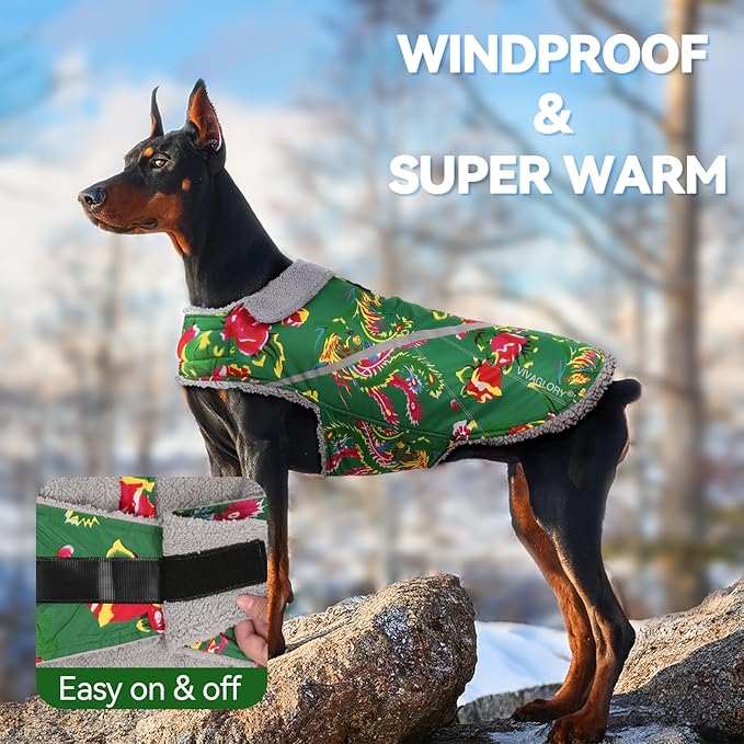 VIVAGLORY Snowrap Dog Coat, Jacket with Harness Hole, Dog Coat for Winter & Cold Weather, Fluffy Warm Fleece Lined Reflective Water Resistant for Puppy, L, Northeast Florals-Green