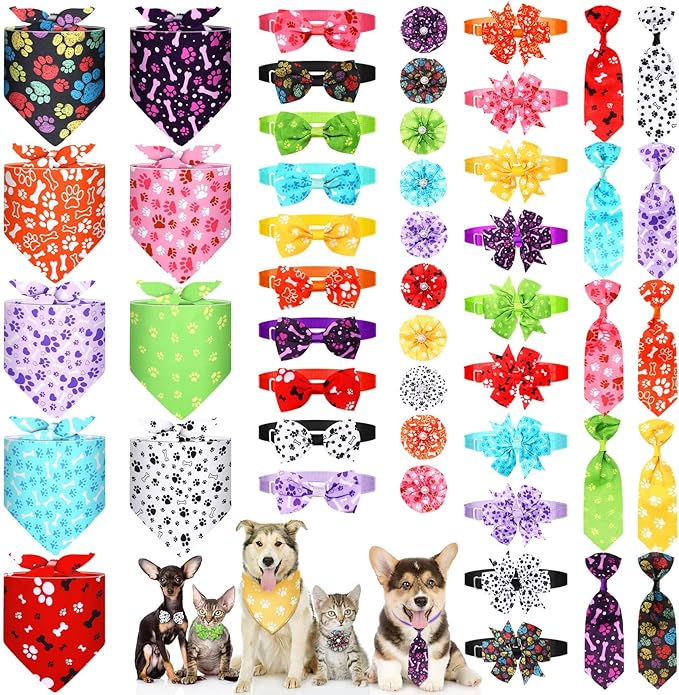 Hosuly 50 Pcs Paw Bone Print Dog Bandana Collar Set Value Package Includes Dog Bow Tie Necktie Collar Pet Scarf Bow Flowers Hexagonal Bowtie Cat Grooming Accessories for Pet Festival Photography