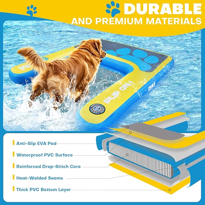 Beyond Marina Dog Pool Ramp - Inflatable Dog Water & Boat Ramp for Lake, Floating Pontoon Dock Ladder with Non-Slip EVA, PUP ON Standard, Extra Large 59" x 47" x 6", Blue/Yellow, Supports 230 lbs