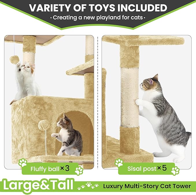 69'' Indoor Cat Tree Tower with Multiple Levels, Sisal Scratching Post, Spacious Condo, Climbing Rope, Kitten Toy (Beige)