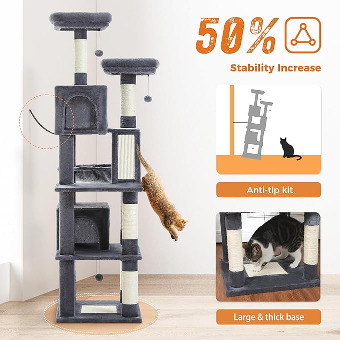 PAWZ Road Large Cat Tower, 70 Inches Tall Cat Tree with 2 Cozy Condos, 2 Plush Perch, Large Basket, 2 Scraching Pad & 6 Scraching Posts for Indoor Cats Adult, Dark Gray